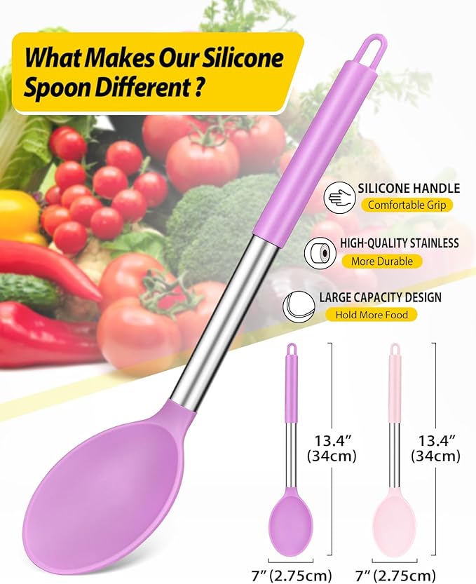 Pack of 2 Large Silicone Cooking Spoon Non Stick Solid Basting Spoons Heat-Resistant Kitchen Utensils for Mixing Serving (Pink-Purple)