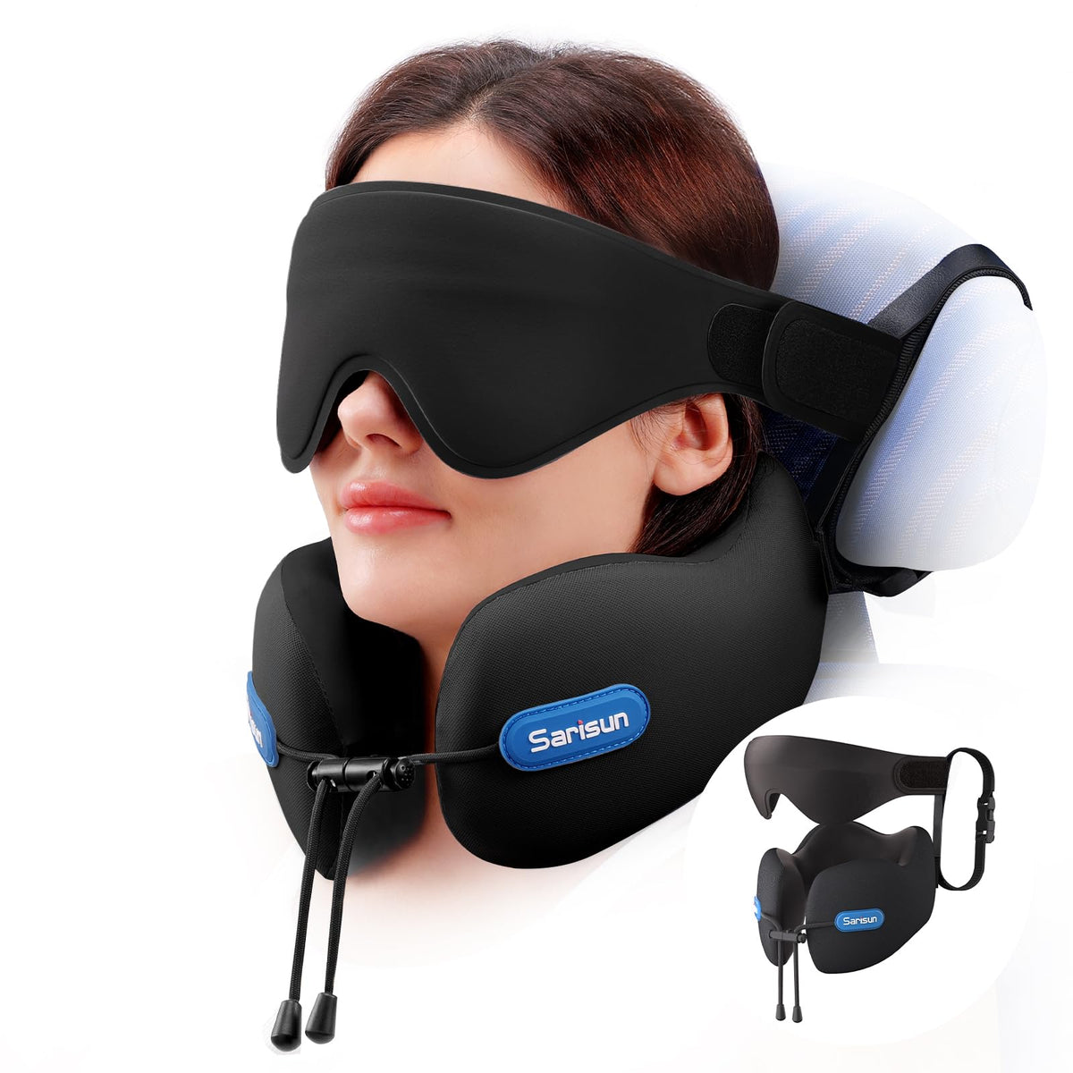 SARISUN Neck Pillow Airplane,w/Seat Strap Support,3D Eye Mask for Travel