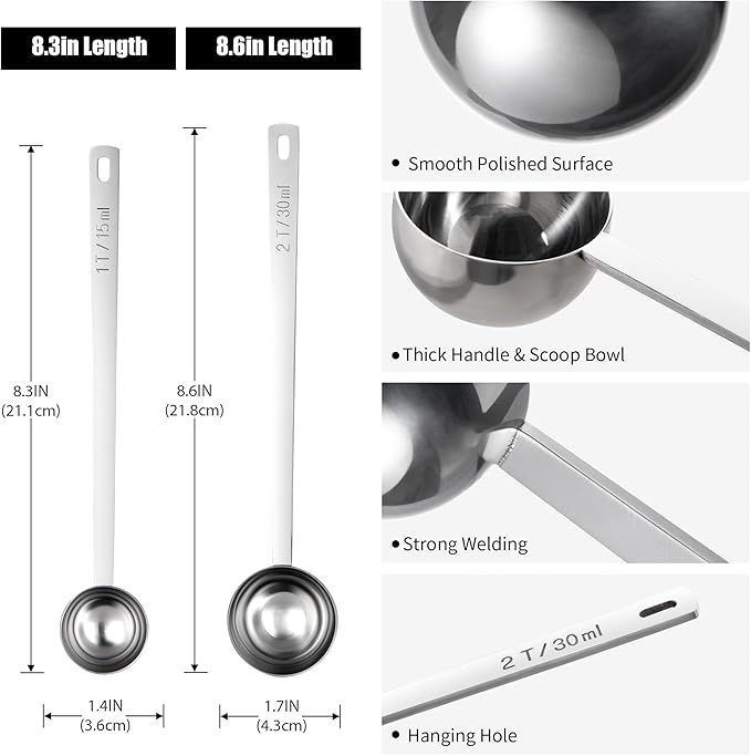 18/8 Stainless Steel Coffee Scoops, Doosu Food-Grade Metal Measuring Spoons with 6.9in Long Handle, Tablespoon Scooper for Coffee Beans, Ground Coffee, Espresso, Protein Powders, Tea (1 & 2 Tbsp)