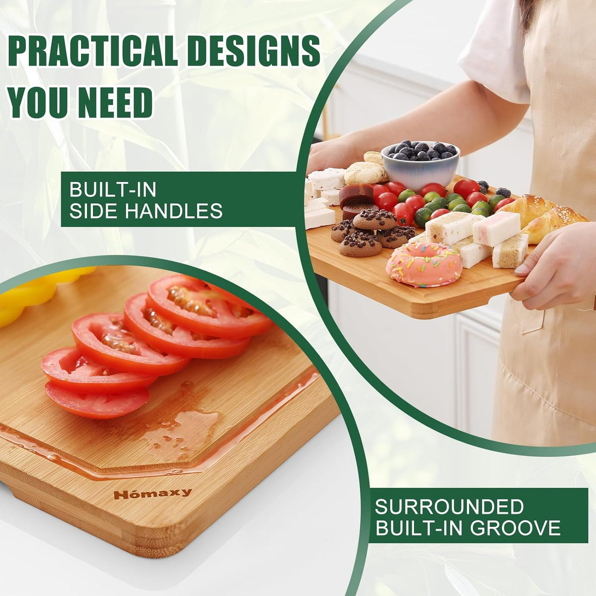 Homaxy Organic Bamboo Cutting Boards for Kitchen, 15"x10" Wooden Medium Cutting Board with Juice Groove and Handles, Charcuterie Butcher Block Wood Serving & Chopping Board - Pre Oiled