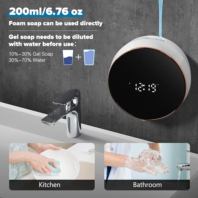 Automatic Soap Dispenser Foam Bathroom: Wall Mount Rechargeable Touchless Adjustable Auto Smart Electric Plastic White Foaming Soap Dispenser with Clock - Kitchen - Hand Dish Lotion Couple Kids