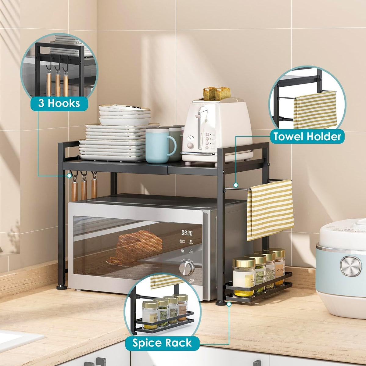 DOLALIKE Microwave Oven Rack, Expandable Microwave Stand Countertop Kitchen Utensils Tableware Storage, Carbon Steel Over Microwave Shelf Countertop with 6 Hooks