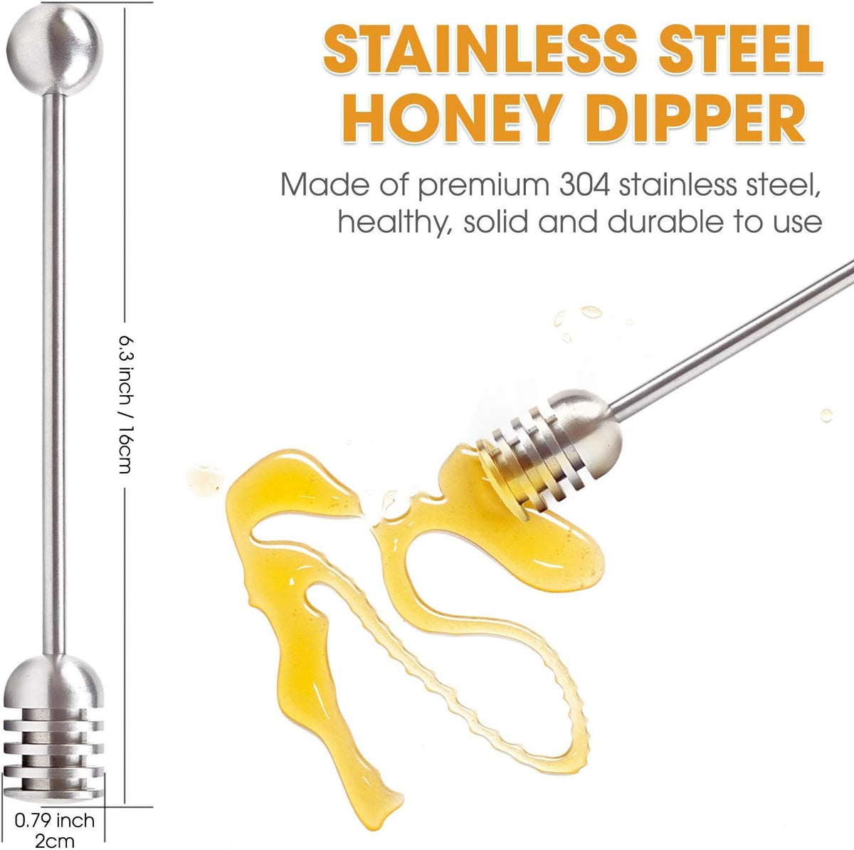 DUGATO Honey Dipper Set (2 Pack, 6.3") - 304 Stainless Steel Honeycomb Sticks for Honey Pot Jar, Syrup Drizzler, Tea & Coffee Stirrer - Elegant Kitchen Utensil (Stainless Steel)