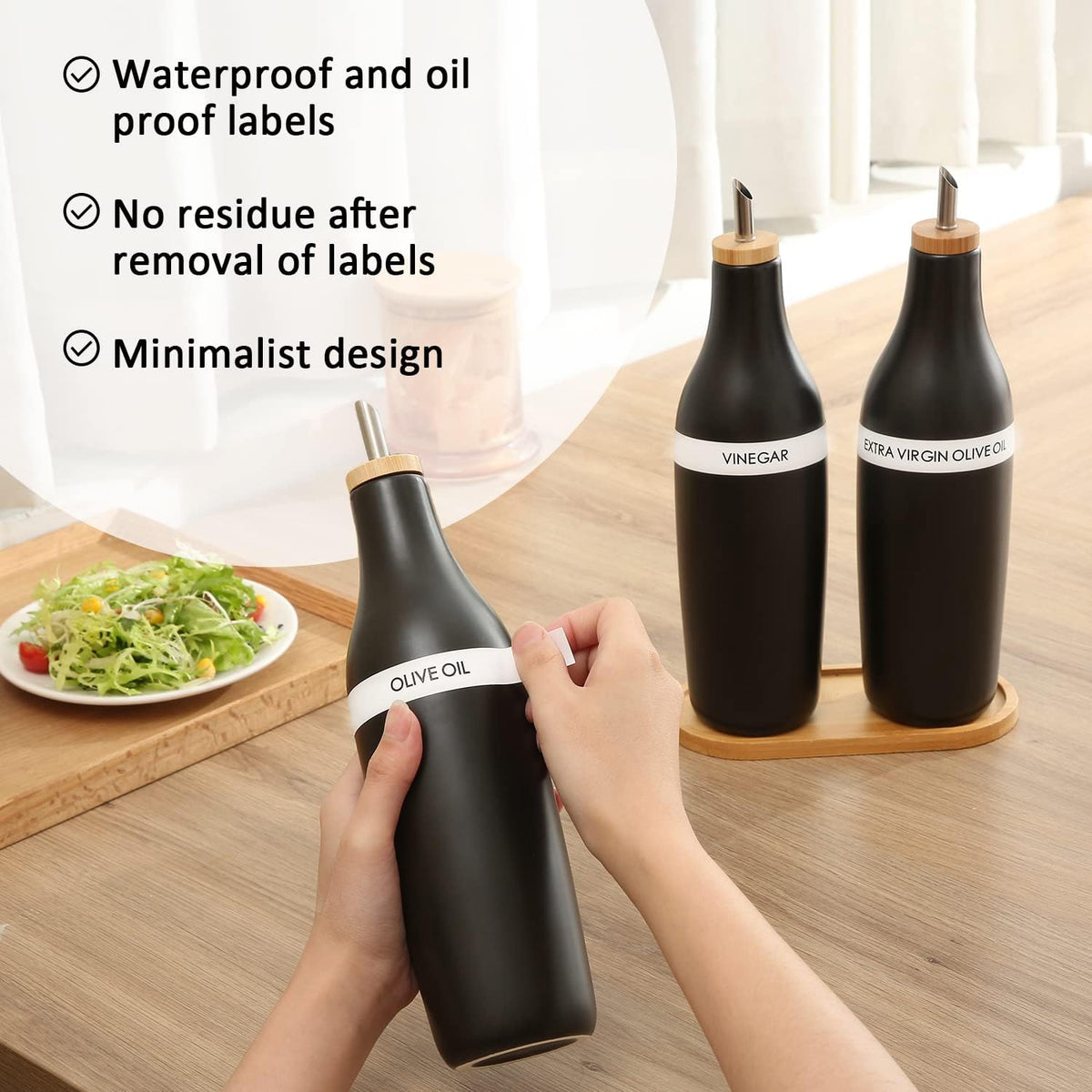 HOMCDALY Olive Oil and Vinegar Dispenser Set, Two 16oz Ceramic Oil Dispenser for Kitchen, Kitchen Dispenser Bottle for EVOO Vinegar Syrups, Modern Farmhouse Design| Set of 2 – Black
