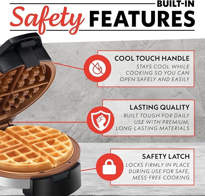 Gourmia Belgian Waffle Maker, Nonstick, Adjustable Browning Control, Cool Touch Handle, Indicator Lights, Quick Heat & Upright Storage, Compact, 1100W, Stainless Steel