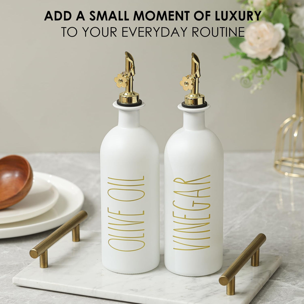 HOMCDALY 16oz Olive Oil Dispenser Bottles for Kitchen, Gold Oil&Vinegar Dispenser Set, Glass Oil Dispenser for Kitchen with Bamboo Tray | Set of 2 (16oz-P-Gold)