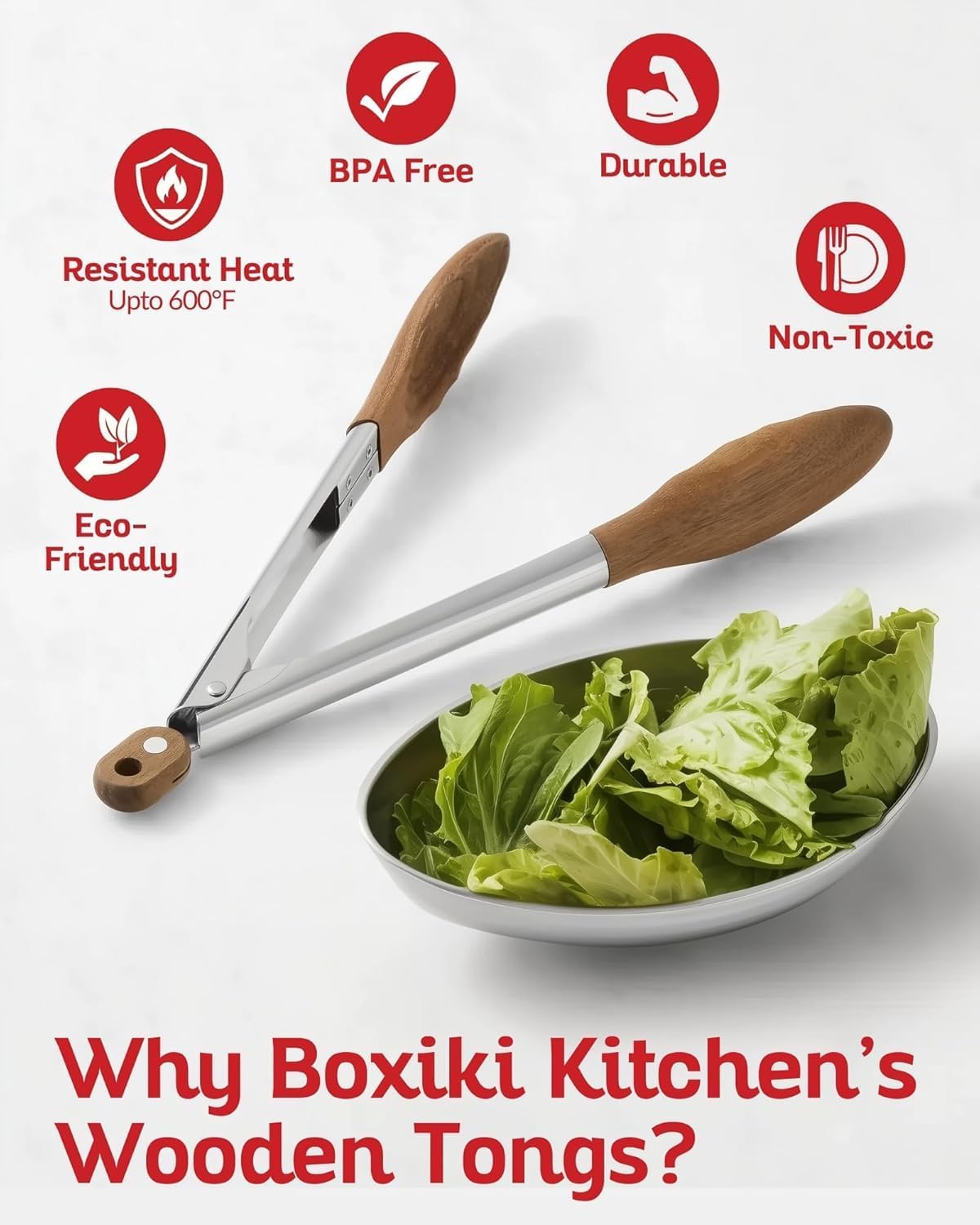 Boxiki Kitchen 9 Inch Tongs for Cooking with Wooden Tips - Nonstick Kitchen Tongs for Serving Food, Grilling, Cooking, BBQ and Tossing Salad - Made of Natural Walnut Wood