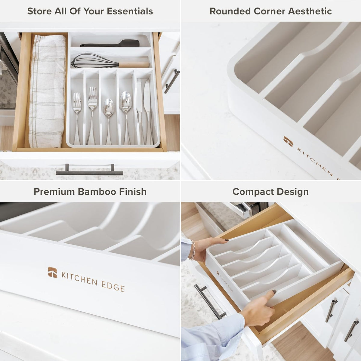 KitchenEdge Silverware Organizer - Cutlery, Flatware, and Utensil Holder for Kitchen Drawers, Fixed 10.5” Width, 7 Storage Compartments, Non-Slip Feet, Rounded Corners, 100% Bamboo, White Finish