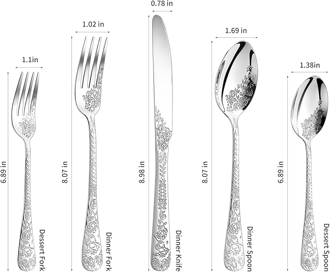 Floral 20 Pcs Silverware Set for 4, Food Grade Stainless Steel Flatware Set with Rose Flower Embossed Design, Eating Utensils Sets Include Fork/Knife/Spoon, Reusable Cutlery Set, Dishwasher Safe