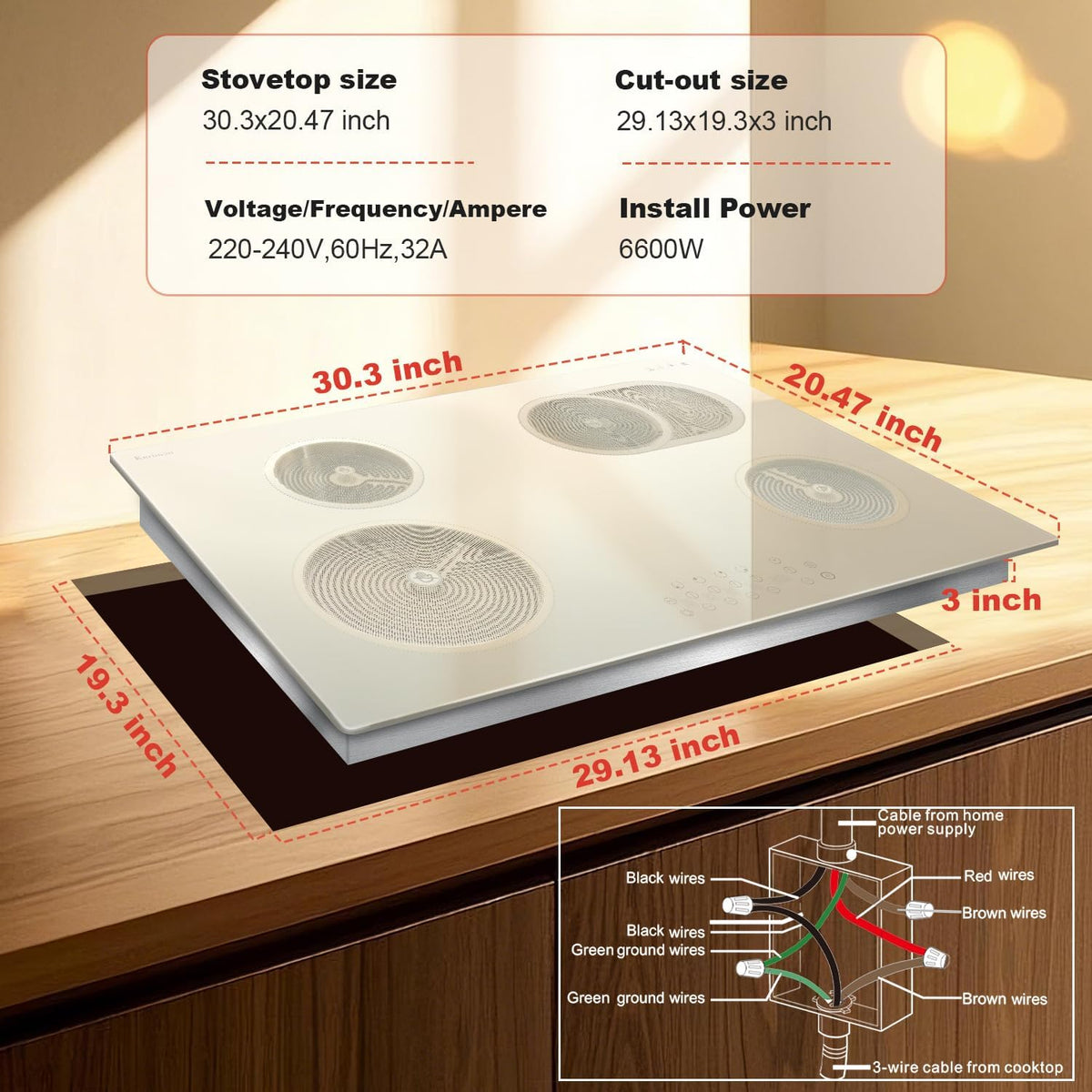 Karinear 30 Inch Electric Cooktop, Beige-gray Glass Electri Cermaic Stove, 4 Burners Electric Stove Top with Expandable Burners, Timer, Child Safety Lock, Pause, 6600W, Drop-in 220V-240V Hardwire