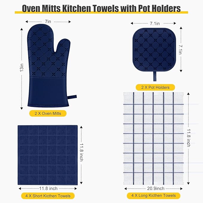Oven Mitts Kitchen Towels Dishcloths with Pot Holders Sets 12PCS,Dish Towels Sets,Oven Gloves Pot Pads Heat Resistant 500 Degrees with Non-Slip Silicone Surface for Cooking Baking Grilling-Marine Blue