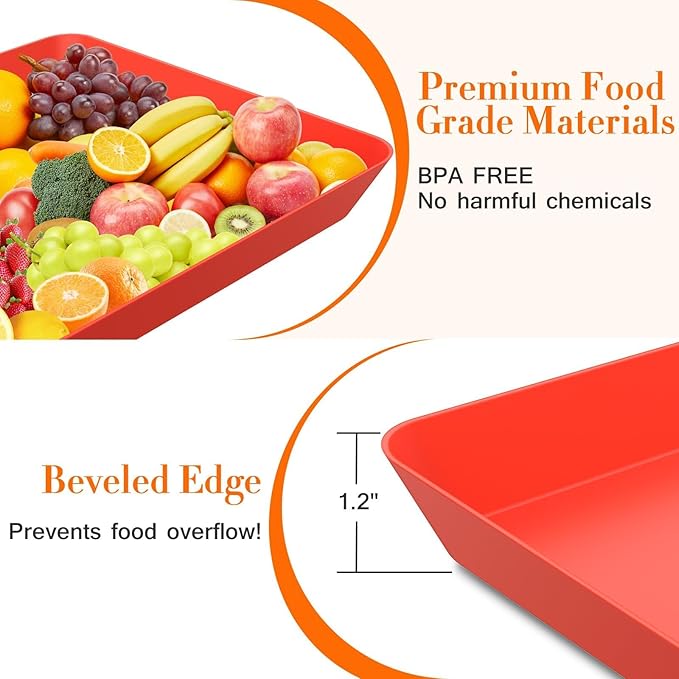WOWBOX 4 pcs Serving Tray for Entertaining, Serving Platters for Snacks, Fruit, Cookies, Dessert, Reusable Plastic Trays for Serving Food and Pantry Organization in Kitchen & for Parties, (Red)