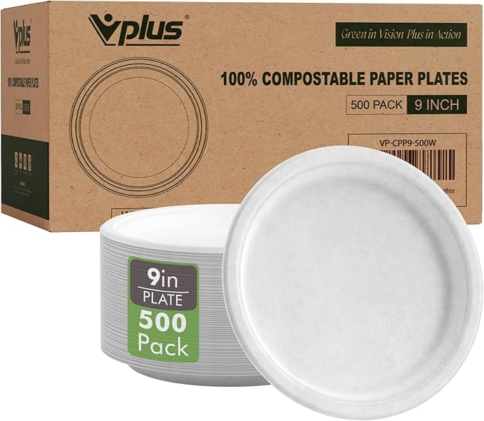 Vplus 500 Pack Paper Plates 9 inch 100% Compostable, Heavy-Duty Disposable Paper Plates Bagasse Natural Biodegradable Eco-Friendly Sugarcane（White）