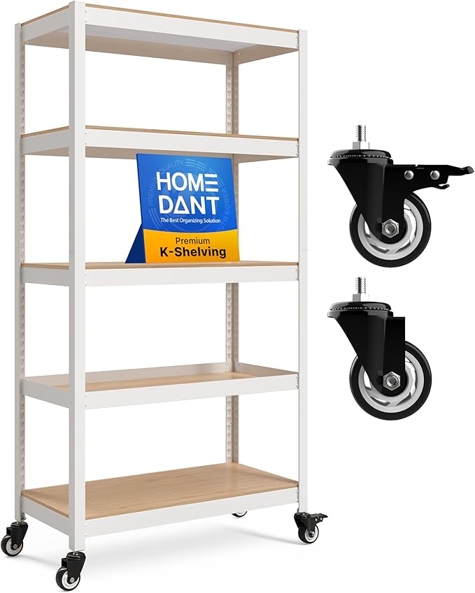 HOMEDANT House White 5-Tier Metal Rolling Cart Shelf Rack Casters Heavy Duty Wheel Shelving Unit Adjustable Utility Storage Shelves Organizer Shelf Kitchen Garage 36.2" W x 16.5" D x 69.5" H 1Pack