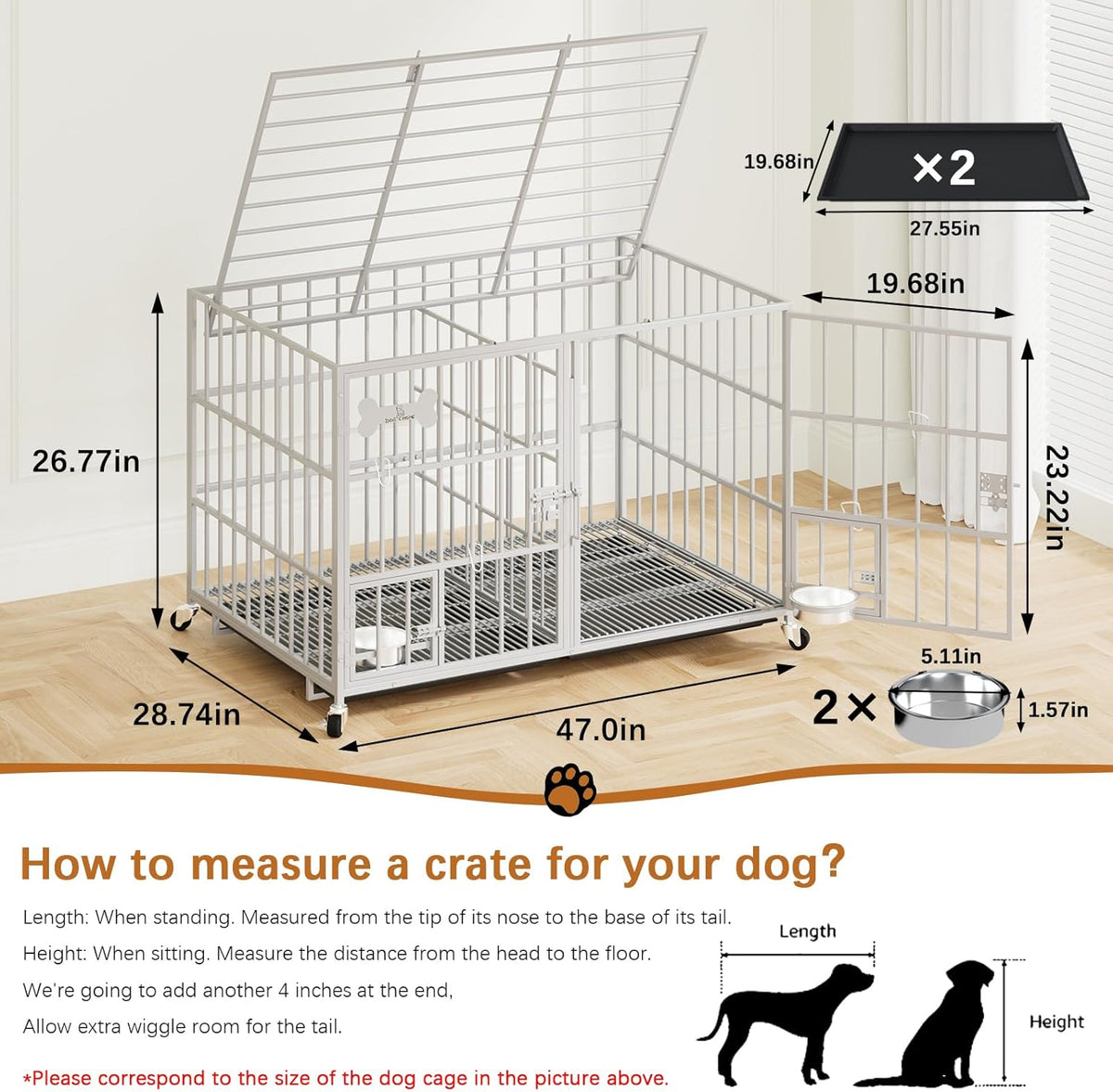 aboxoo 48/42 inch Heavy Duty Metal Dog Crate for 2 Dogs/Large Dog,All Metal Open Top,Dog Kennel Indoor with Wheels,Floor Grid, Tray, Divider and Feeding Bowl (Sliver)