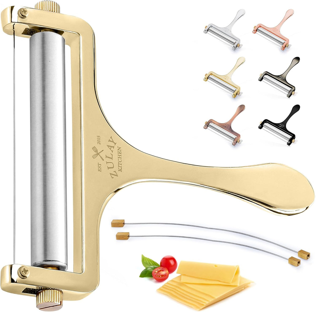Zulay Cheese Slicer With Adjustable Thickness – Heavy Duty Block Slicer with 2 Extra Wires – Ideal for Mozzarella, Cheddar, Gouda (Gold)