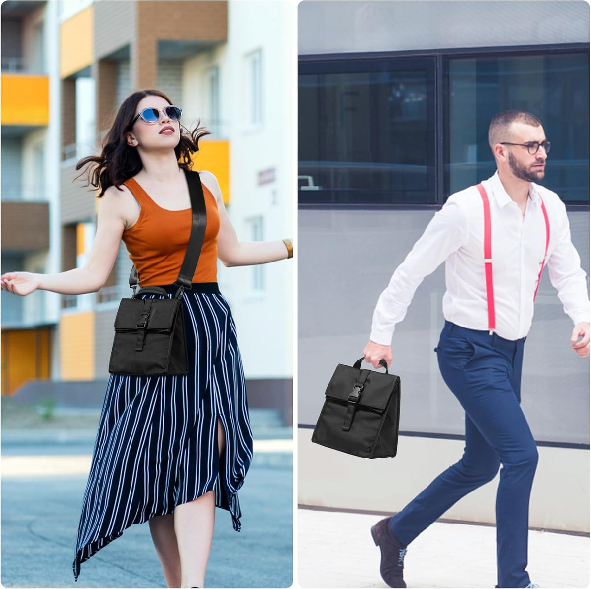 Insulated Foldable Lunch Bag- Lightweight Portable with Adjustable Shoulder Strap Lunch Box for Men, Women, Office, Work, Picnic, Hiking and Beach (Black(Soft Fabric))