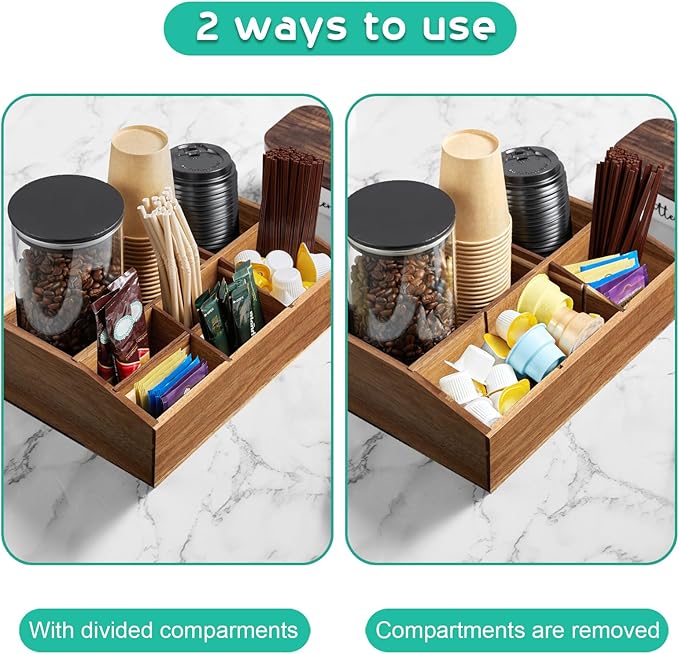 ALELION Acacia Wood Coffee Station Organizer for Countertop - 7 Compartments Coffee Bar Accessories and Organizer with Removable Dividers - Coffee and Tea Condiment storage Organizer