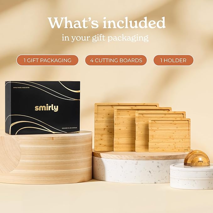 SMIRLY Bamboo Wooden Cutting Boards for Kitchen, Set of 4 Large - Small with Holder, Bamboo Wood Cutting Board Set with Deep Juice Grooves, Non Toxic Serving Tray, Gifts for Women