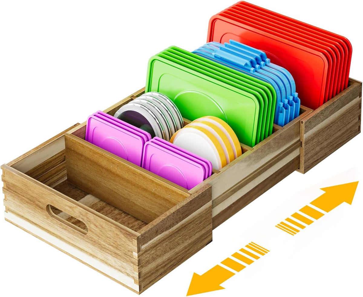 Expandable Lid Organizers Inside Cabinet, Kitchen Cabinet Organizers with 3 Adjustable Dividers, Storage Plastic Lids, Food Container Lid Holder Organizer for Drawer Pantry, Acacia