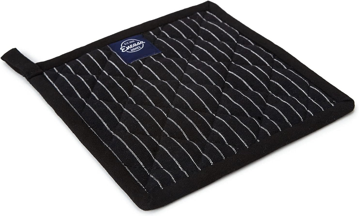 Encasa Homes 8 inches Oven Microwave Potholders (2 pc Set) for Kitchen Cooking & Baking - Heat Resistant, Thick & Safe, Protection of Hands from Hot Utensils - Butcher Stripes Black