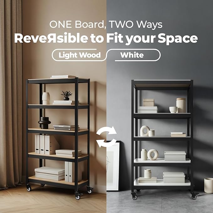 HOMEDANT House 5-Tier Metal Rolling Cart Shelf Rack Casters Heavy Duty Laminated Wheel Shelving Unit Adjustable Utility Storage Shelves Organizer Shelf Kitchen Garage 24.4" W x 16.5" D x 62.2" H 2Pack