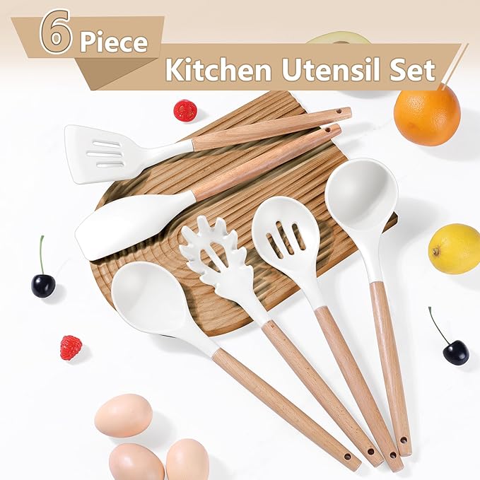 P&P CHEF Cooking Utensils Set, 6 PCS Kitchen Utensils with Wooden Handle, Silicone Spatula for Nonstick Cookware, Easy Clean & Non-toxic, White