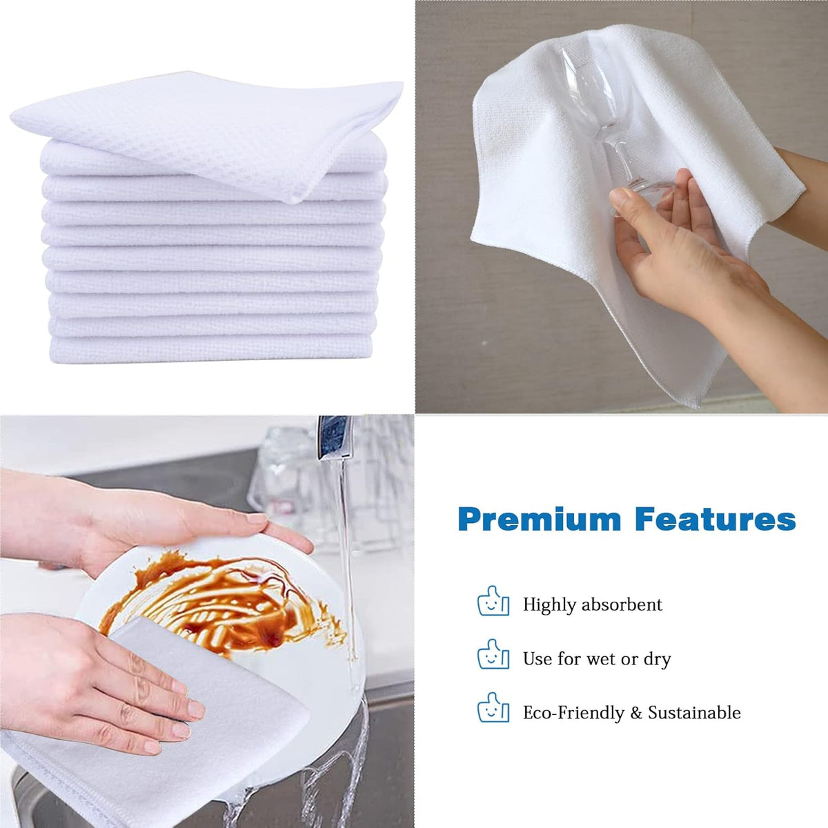 SINLAND Wholesale Microfiber Dish Cloth Best Kitchen Cloths Cleaning Cloths with Poly Scour Side 12Inchx12Inch 10 Pack White