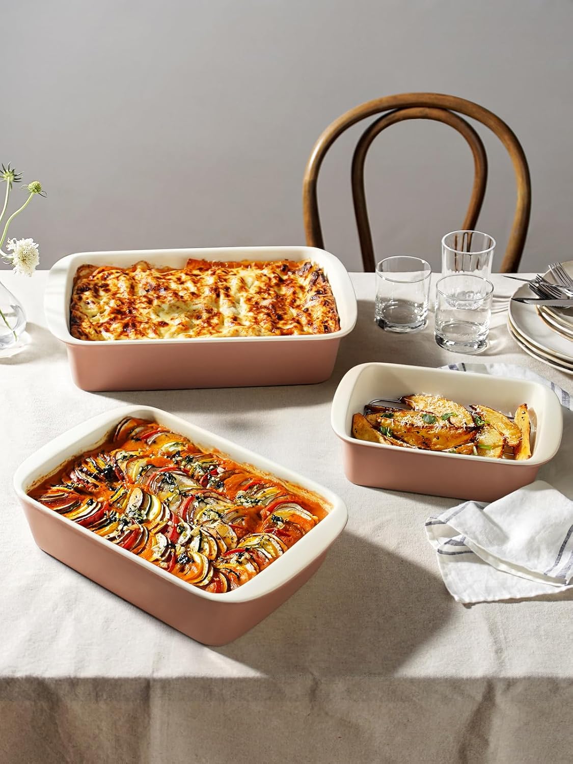 LE TAUCI Deep Casserole Dishes for Oven, 13.7”x9.6” Ceramic Baking Dish Set with Roasting Racks, Large Lasagna Pans with Handles, Rectangular Bakeware as Gift for Mom, Dusty Pink(4.6QT/3.0QT/1.6QT), Set of 3