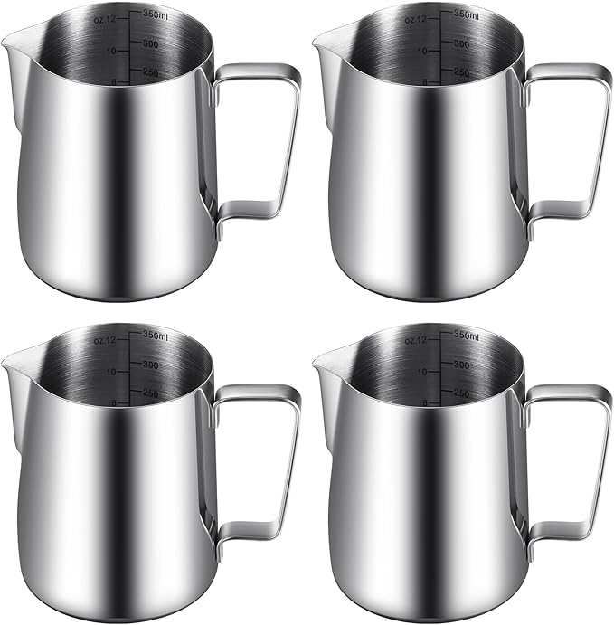 Dandat 4 Pcs Milk Frothing Pitcher Espresso Steaming Pitchers 12 Oz Stainless Steel Milk Steamer Cup Frother Jug for Espresso, Latte Art, Chai Cappuccino Hot Chocolate