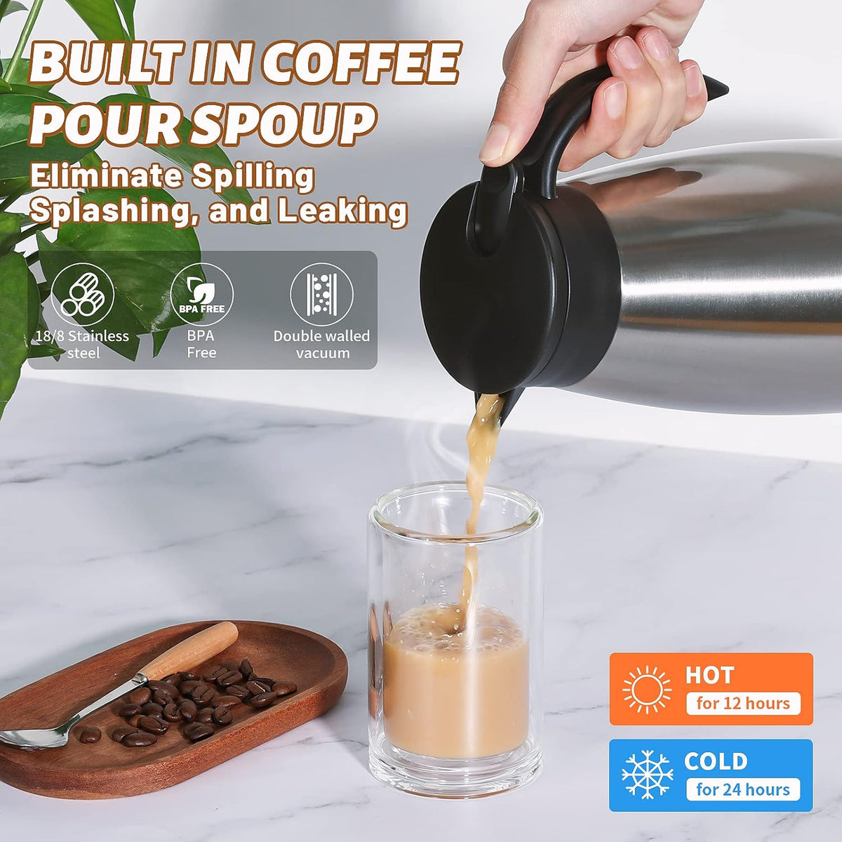 50 Oz Insulated Coffee Carafe, Stainless Steel and Double Walled Vacuum Thermal Coffee Carafe Pot for Keeping Hot, Coffee & Tea For 12 Hours Heat Retention, Silver