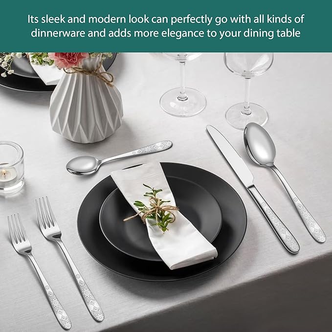 40 Piece Flatware Set, Service for 8, EIUBUIE Premium Stainless Steel Cutlery Set, Mirror Polished Silverware Sets with Pattern Handle, Modern Kitchen Eating Utensils Sets