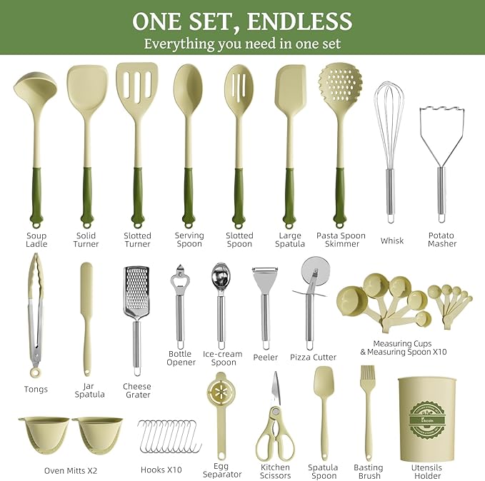 Kikcoin 43Pcs Kitchen Utensils Set - Silicone Cooking Utensil Set, Dishwasher Safe Spatula for Non-stick Cookware, 446°F Heat Resistant Kitchen Gadgets with Holder BPA Free, Avocado Green