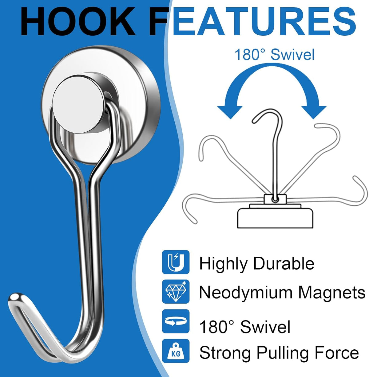 E BAVITE Swivel Swing Silver Magnetic Hooks,30LBS Powerful Strong Neodymium Rare Earth Magnet Hook. Perfect for Refrigerator, Kitchen and Other Surfaces, Pack of 50