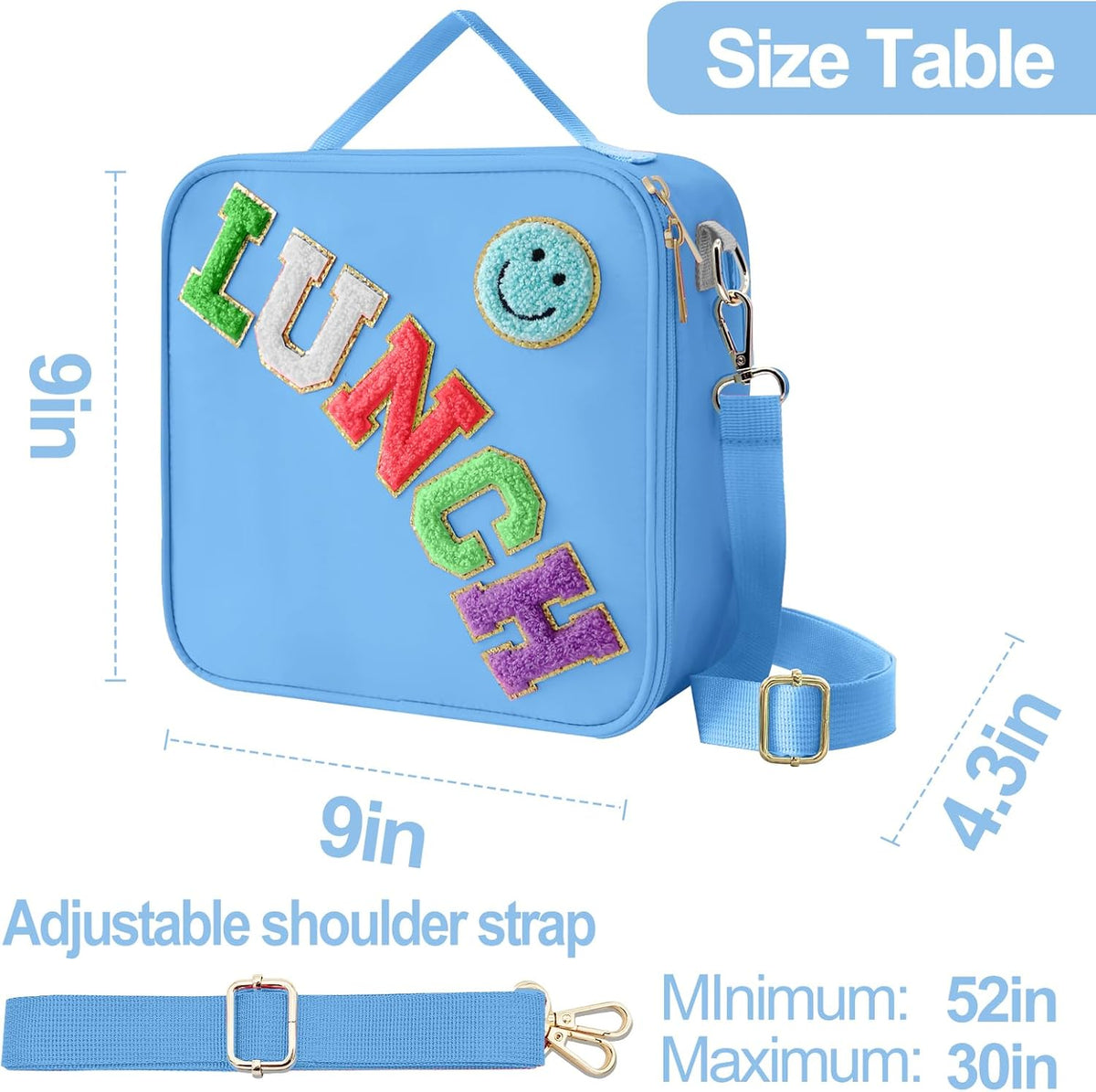 Insulated Lunch Bag With Adjustable Shoulder Strap, Nylon Preppy Lunch Box Large Insulated Lunch Bag Reusable Lunch Tote Bag with Smiley Preppy LunchBag for Girls School Travel Picnic (Dark blue)