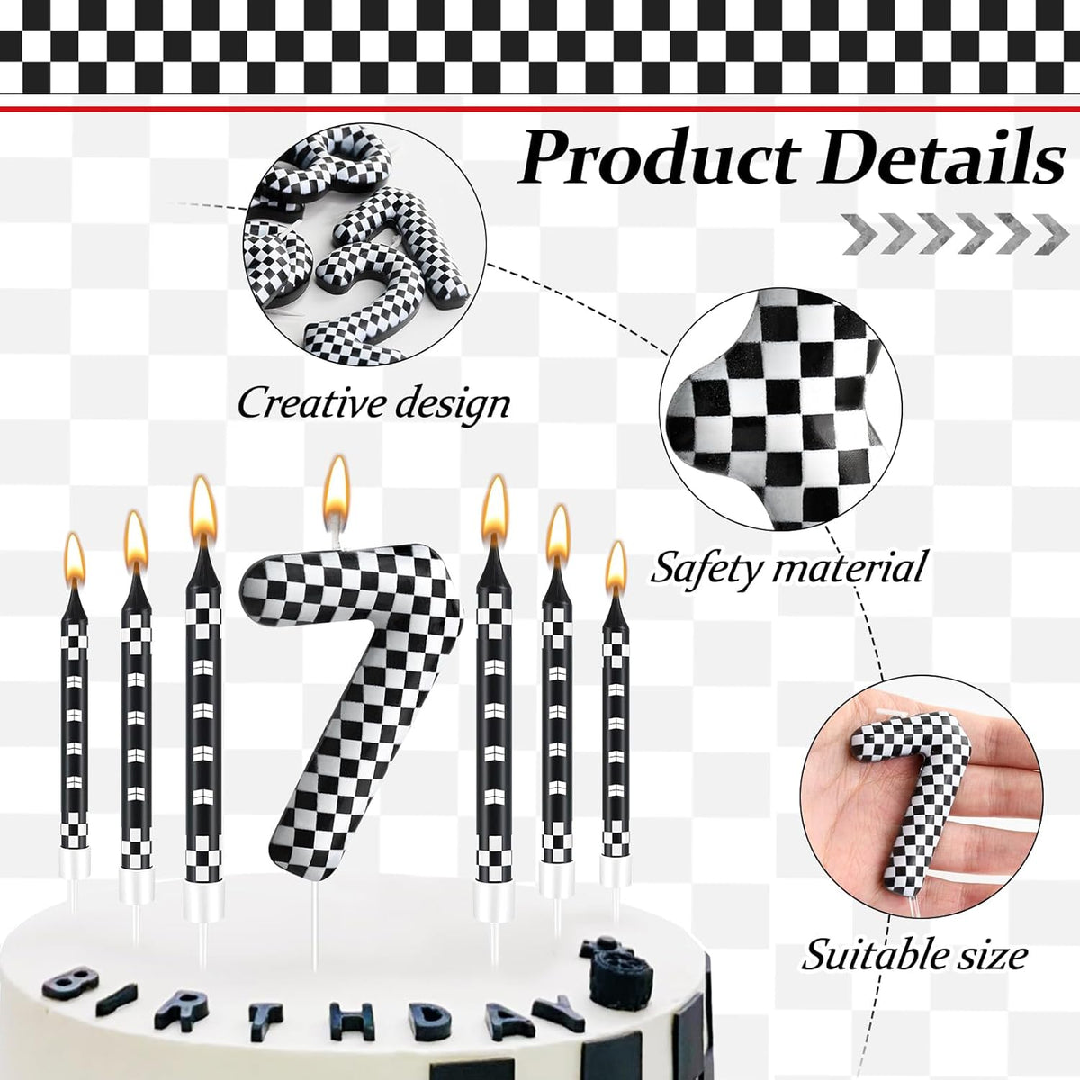 13 Pcs Racing Cars Themed Birthday Candles Black and White Race Number 7 Checkered Candle Cake Topper for Racing Car Party Decoration Supplies (Number 7)