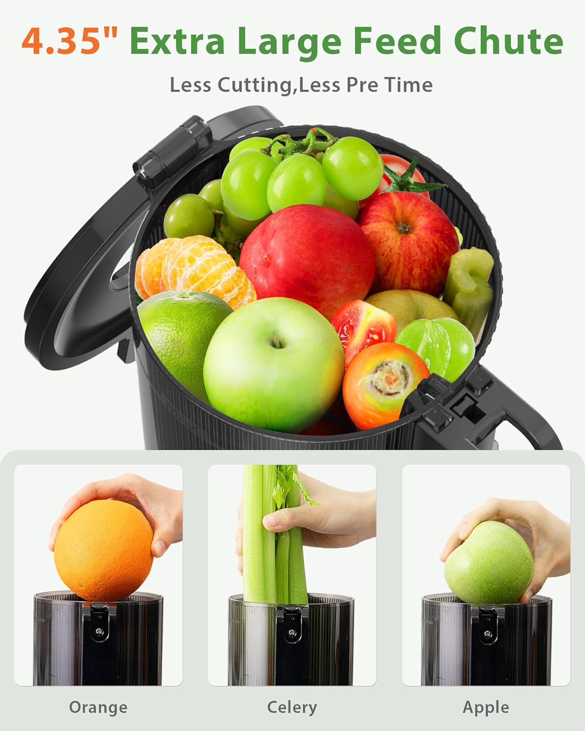 Cold Press Juicer, ECOSELF Juicer Machines with Large Feed Chute Fit Whole Fruits & Vegetables, Self Feeding for Juice Extractor Machine, Easy to Clean and Assemble, High Juice Yield