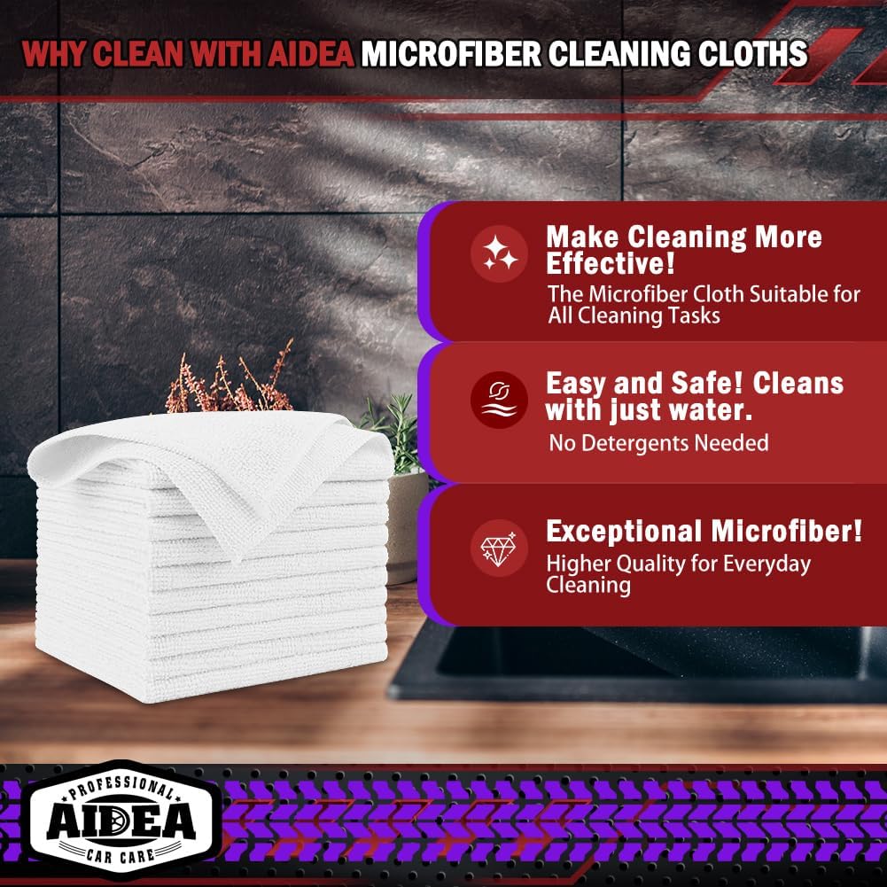 AIDEA Microfiber Cleaning Cloth White 10PK, Microfiber Towels for Cars, Premium Car Cloths, Dusting Cloth Lint Free Cleaning Rags for SUVs, House, Kitchen, Window, Workshops,12×12"