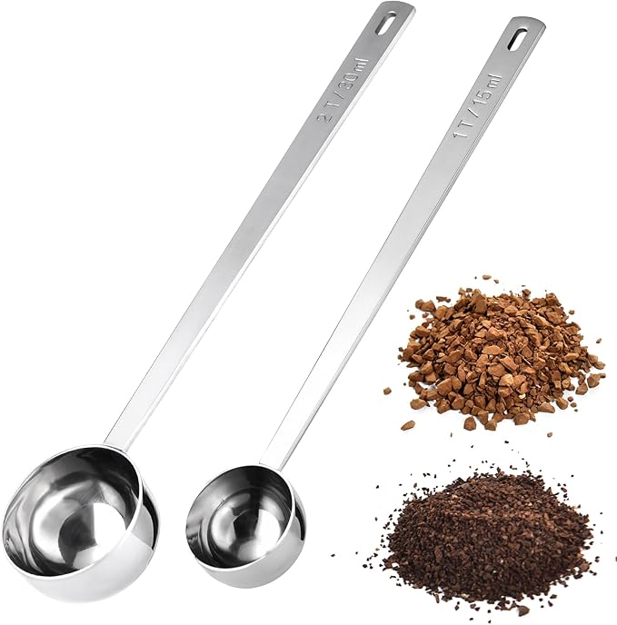 18/8 Stainless Steel Coffee Scoops, Doosu Food-Grade Metal Measuring Spoons with 6.9in Long Handle, Tablespoon Scooper for Coffee Beans, Ground Coffee, Espresso, Protein Powders, Tea (1 & 2 Tbsp)