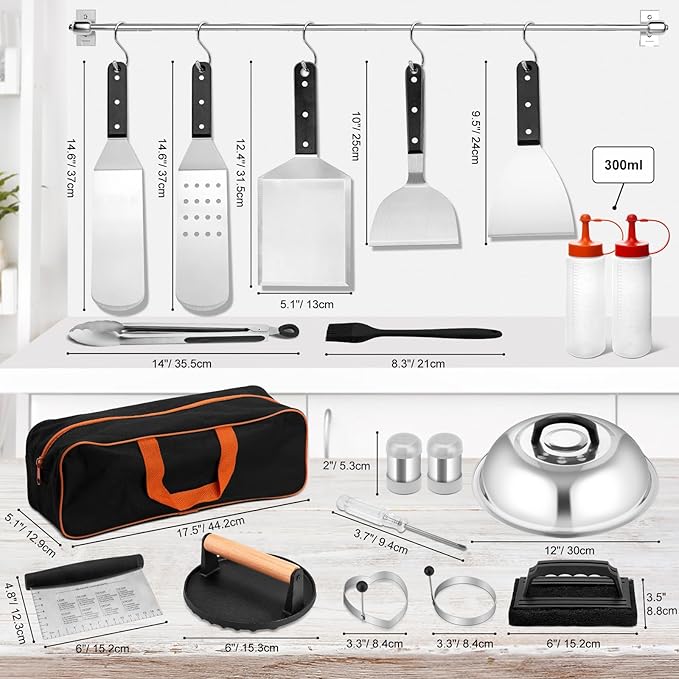 25Pcs Griddle Accessories Kit, Leonyo Flat Top Grill Accessories, Commercial Grilling Tools with Enlarged Spatulas, Basting Cover, Metal Scraper, Smash Burger Press for Outdoor Barbecue, ABS Handle