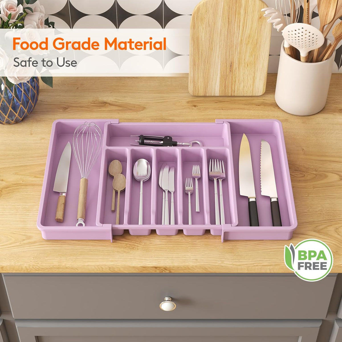 Lifewit Silverware Drawer Organizer, Expandable Utensil Tray for Kitchen, BPA Free Flatware and Cutlery Holder, Adjustable Plastic Storage for Spoons Forks Knives, Large, Purple
