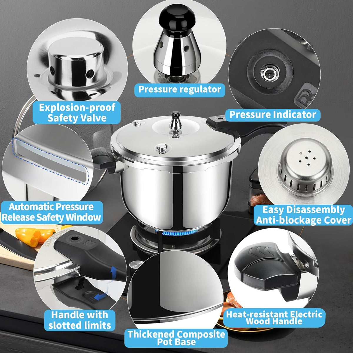 Stainless Steel Pressure Cooker, Peterboo 4 Quart Induction Compatible Thickened Pressure Cooker with Spring Valve Safeguard Devices, Compatible with Gas & Induction Cooker 2-3 Members Use