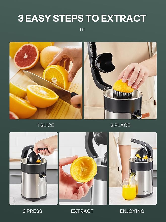 Professional Brushed Stainless Steel Electric Citrus Juicer, 2 Interchangeable Cones for Orange, Lemon & Grapefruit, Easy Clean, Durable Design & Effortless Operation