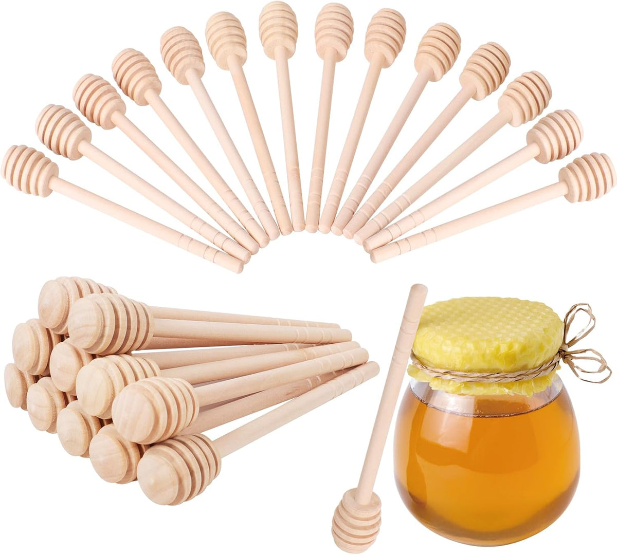 100 PCS Wooden Honey Sticks Dipper 6 Inch, Individually Wrapped Mini Honeycomb Honey Stirrer Stick For Honey Jar Dispense Drizzle Honey and Wedding Party Favors Gift