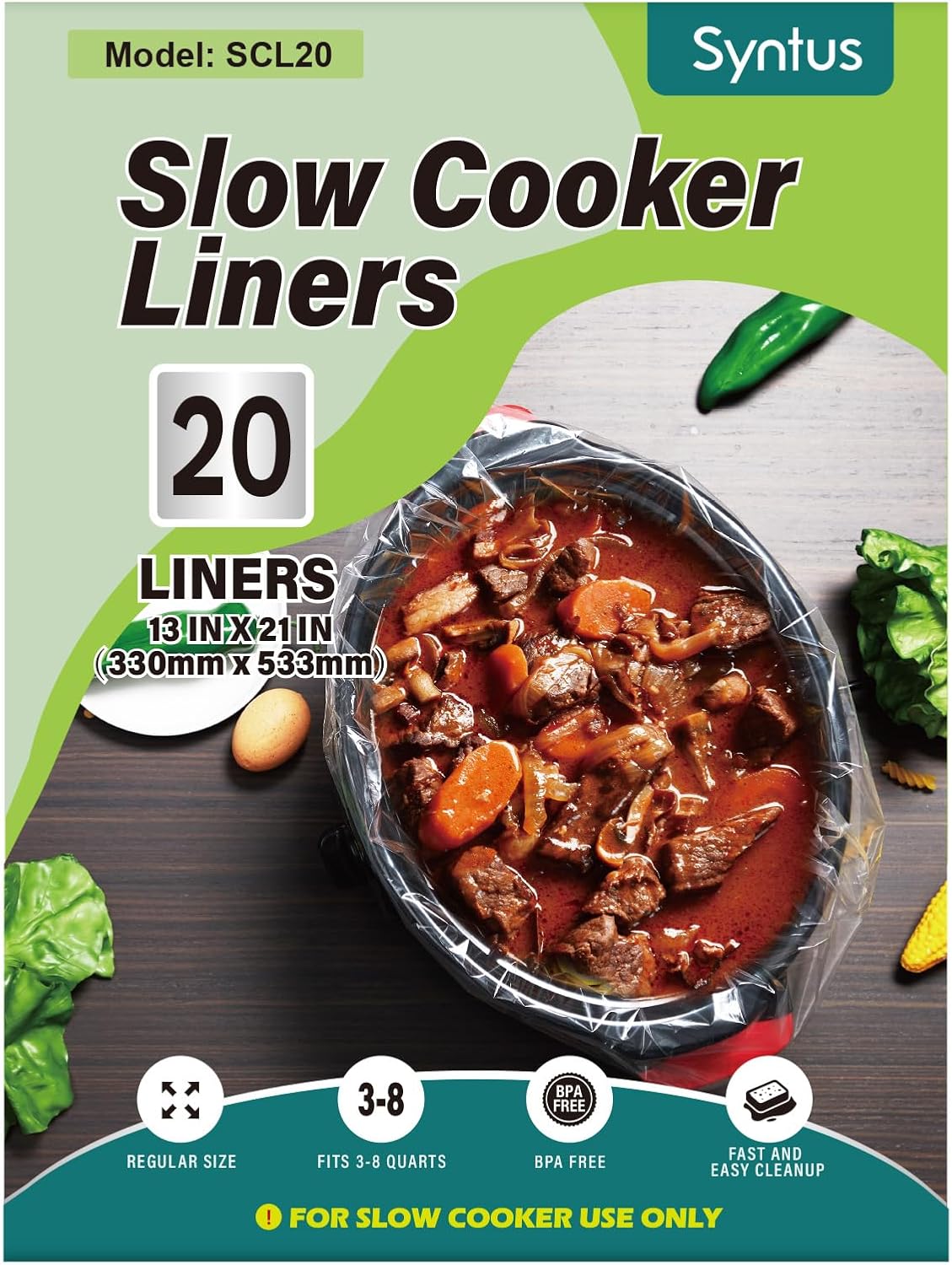 Syntus Slow Cooker Liners, 20 Count Cooking Bags Large Size Disposable Pot Liners Plastic Bags, Fit 3QT to 8QT for Slow Cooker Cooking Trays, 13"x 21", 20 Liners