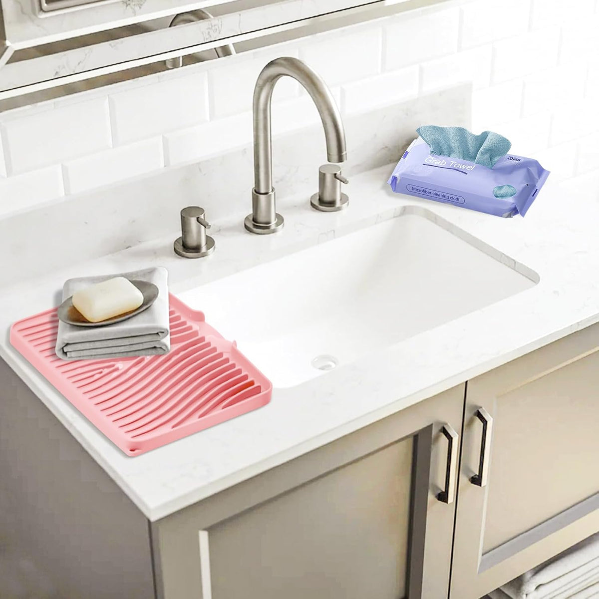 Silicone Dish Drying Mat, Stone Drying Mat for Kitchen Counter with Built-in Drain, Non-Slip 15.8" X 13" Drying Matt Kitchen Counter and Grey Microfiber Cleaning Cloth, Cleaning Rags Set(Pink)