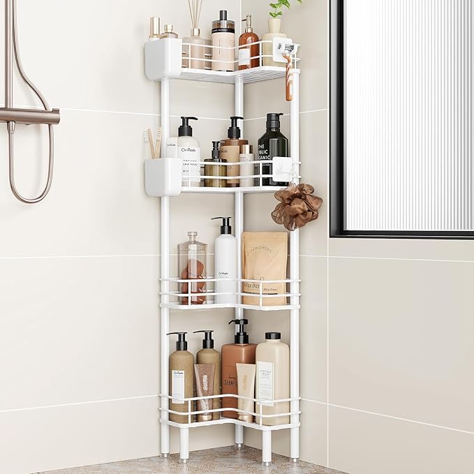 Orimade Rustproof 4 Tier Floor Standing Corner Shower Caddy Organizer with Toothbrush Holder, Large Spacing Floor Shower Shelf Rack Storage Stands with Hooks for Bathroom Kitchen, White