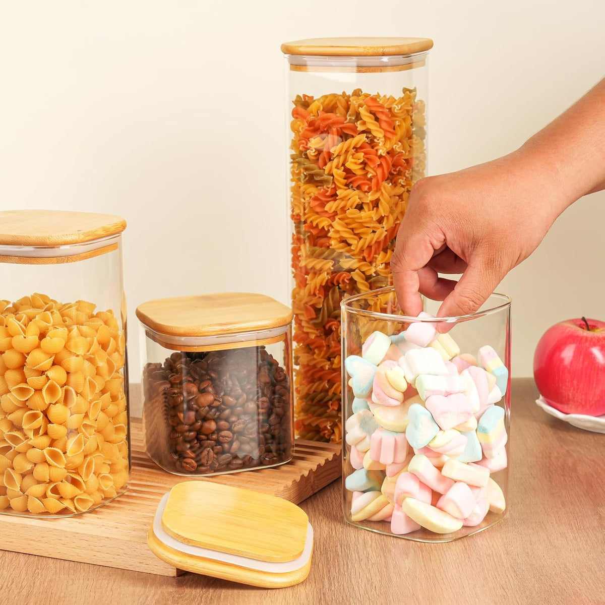 37 oz Glass Food Storage Jars - Set of 6 Glass Canister Sets Square Pantry Storage Containers with Lids for Serving Tea, Coffee, Flour, Sugar, Candy, Cookie, Spice and More
