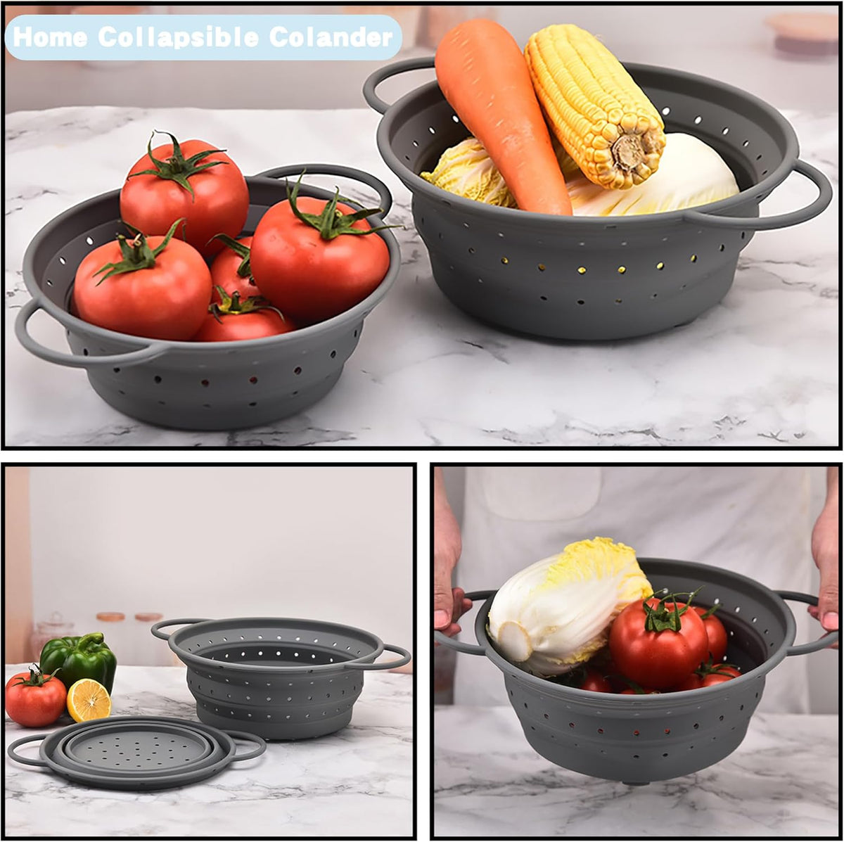 Silicone Collapsible Colander with Handle, Kitchen Colander for Easy Storage,Four-side Fast Draining Silicone Draining Basket, Perfect for Fruits Vegetables (Gray L+M)