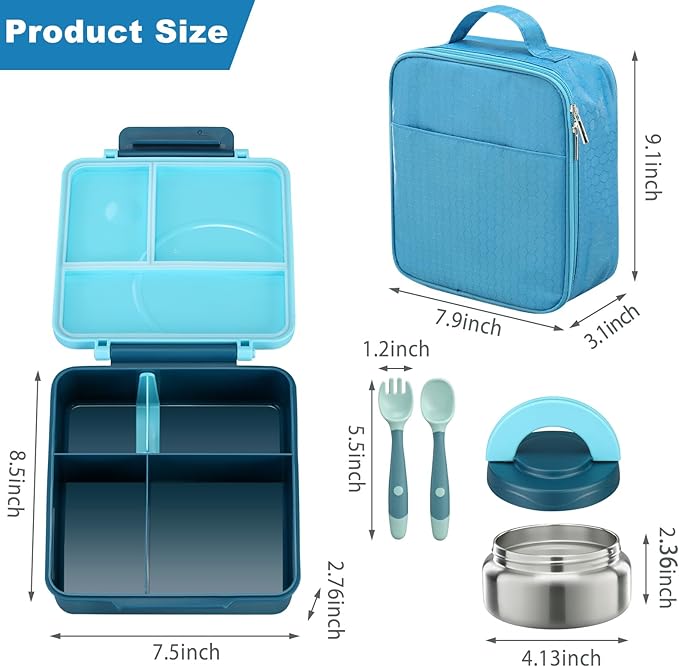 Bento Lunch Box Set for Kids with 8oz Soup Thermo, Leak-Proof Lunch Containers with 4 Compartment, Kids Thermo Hot Food Jar and Insulated Lunch Bag for Kid to School-Blue